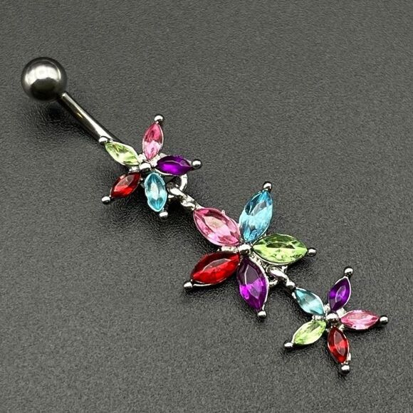 316L Stainless Steel with Multicolor Cubic Zirconia Dangling Flower Belly Ring - Picture 1 of 7